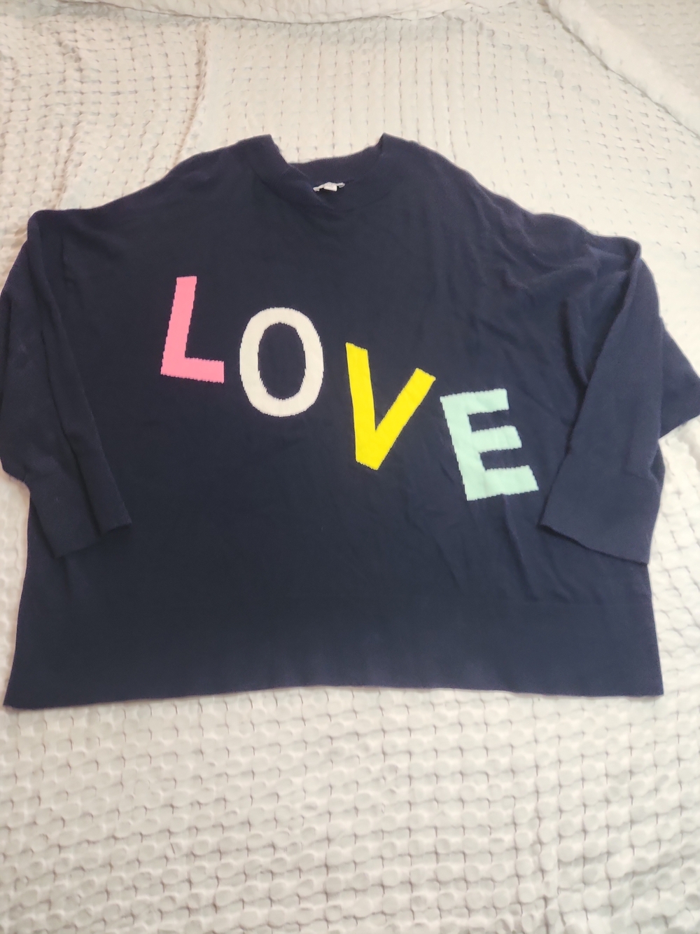 crown & ivy Navy Crewneck Sweater with Multicolor LOVE Letters